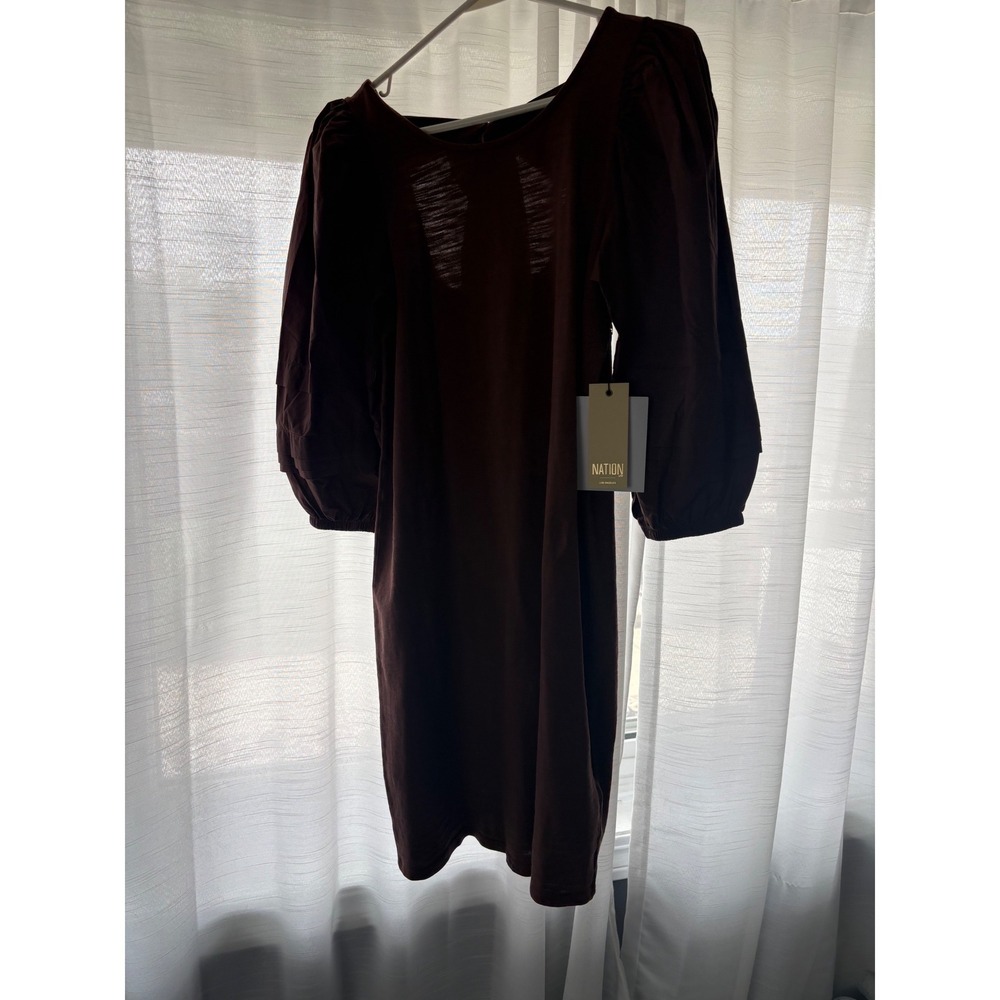 Nation LTD Womens Brown Cotton Puff Sleeve Open Back Bow Mini Dress Small NEW
